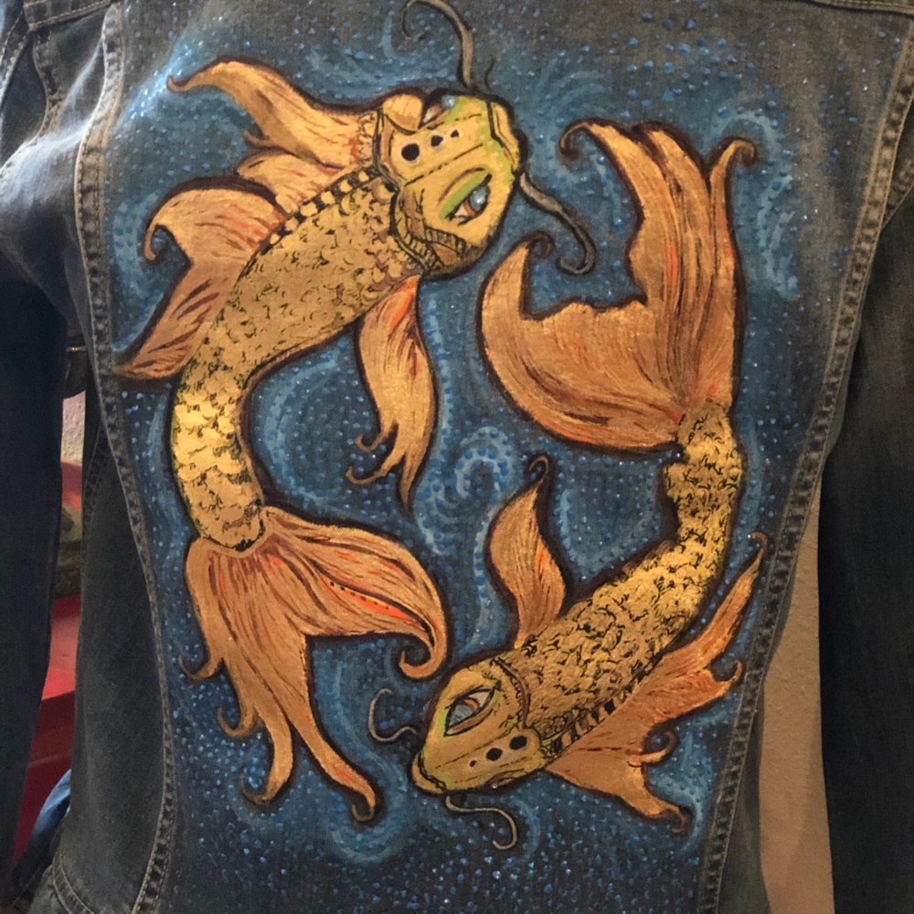 Hand painted denim jacket with two gold koi